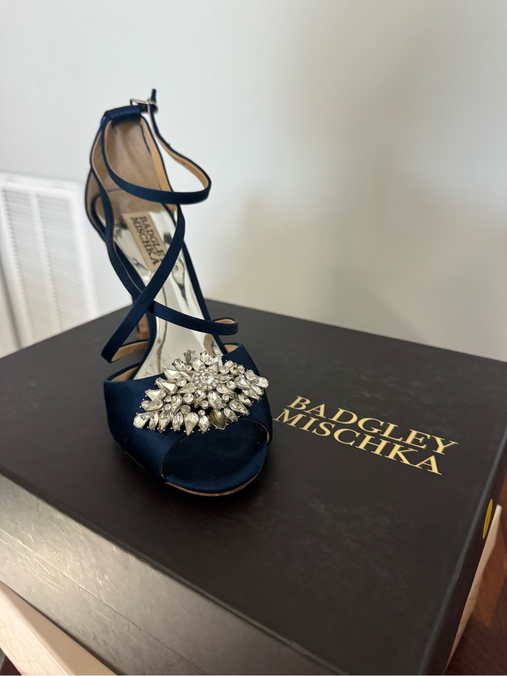 Badgley Mischka Navy Satin Crystal-Cluster Strappy Heel